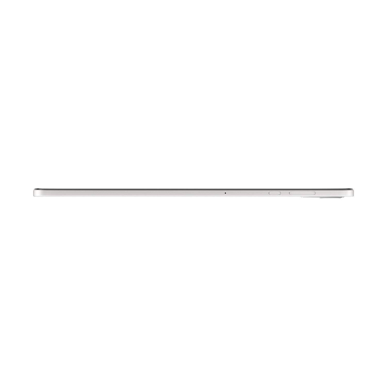 Un tablet argentato visto di lato, che mostra il suo profilo sottile e i dettagli dei pulsanti su sfondo bianco.