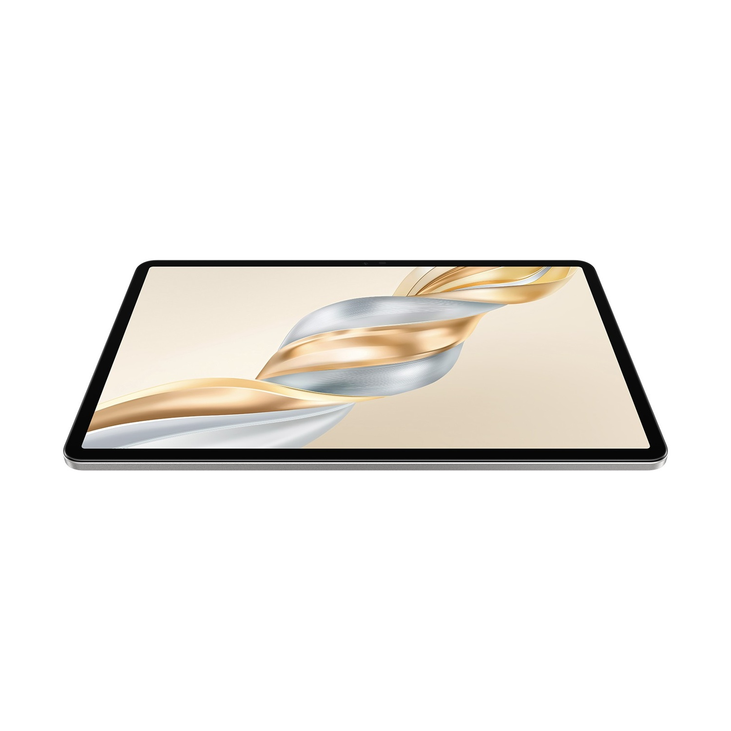 Un tablet è piatto, che mostra un design a vortice d'argento e oro su uno sfondo beige chiaro. Il tablet ha una cornice nera.