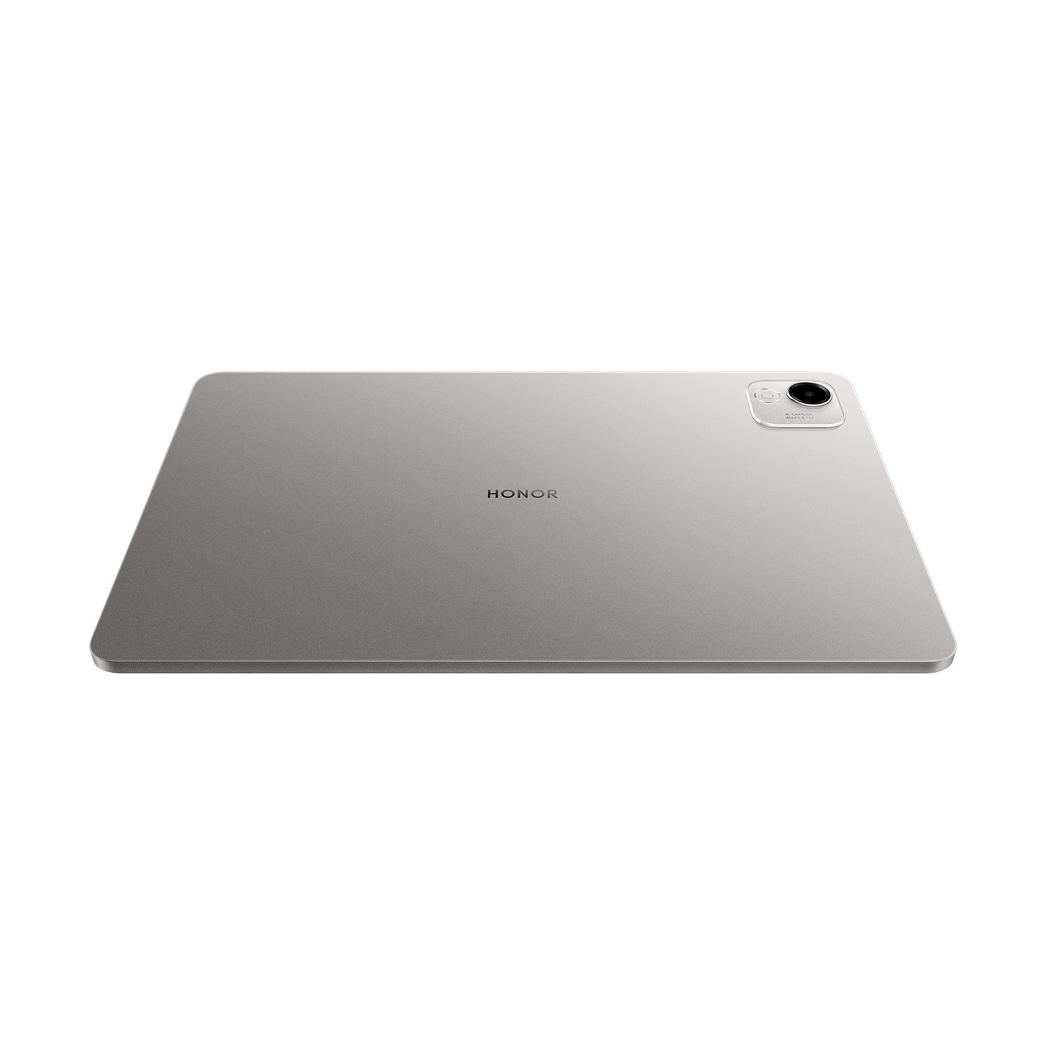 Un tablet argentato con la scritta HONOR. Una fotocamera è visibile nell'angolo in alto a destra. Lo sfondo è bianco.