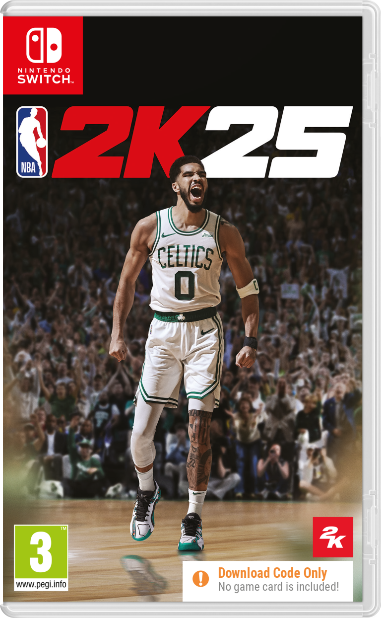 Okładka gry. NBA 2K25 przedstawia koszykarza w koszulce Celtics. Tłum w tle. Logo Nintendo Switch.