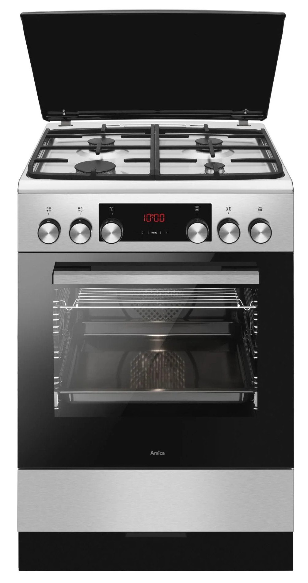 Piekarnik ze stali nierdzewnej z otwartymi drzwiami, pokazujący wnętrze. Zegar cyfrowy wskazuje 10:00. Widoczna jest płyta grzewcza.