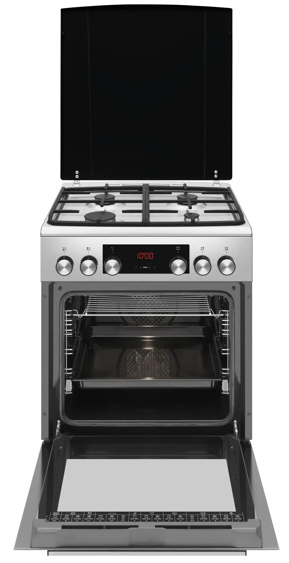Kuchenka gazowa ze stali nierdzewnej z czarną szklaną pokrywą, otwarte drzwi piekarnika. Zegar cyfrowy pokazuje 10:00. Widoczne pokrętła i palniki.