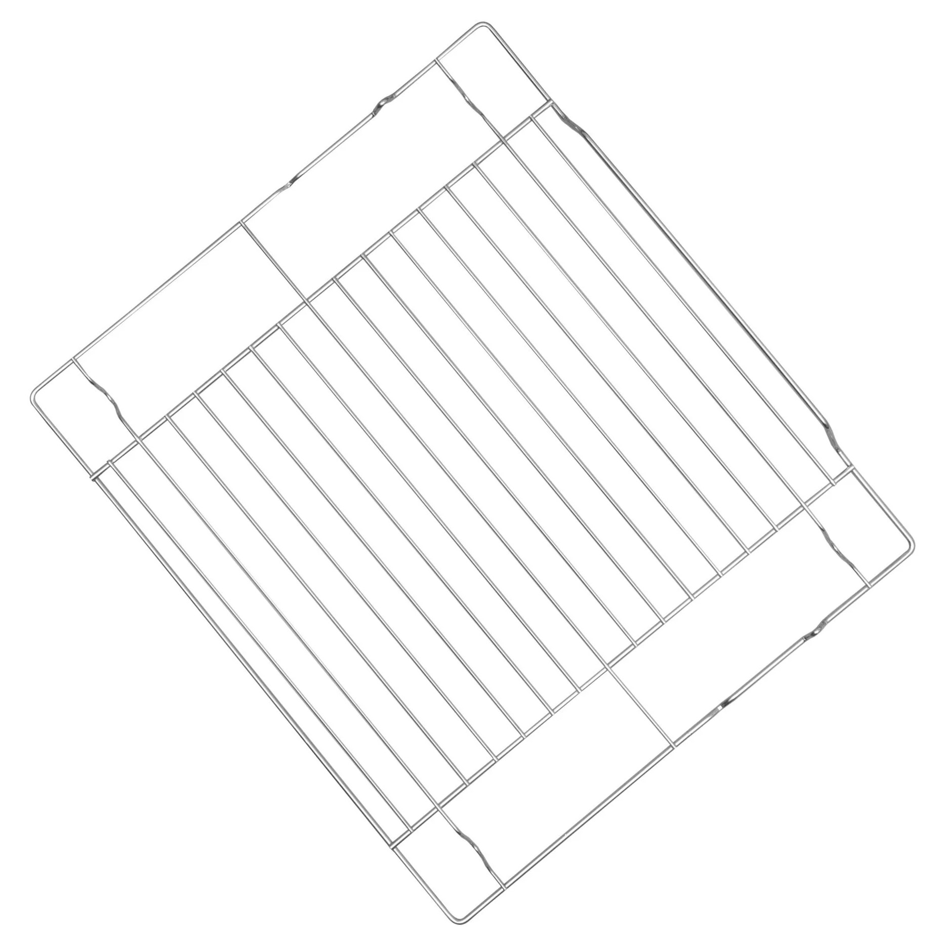 Metalowy ruszt, złożony z równoległych prętów, na białym tle. Ruszt jest ustawiony pod kątem, pokazując swoją prostokątną strukturę.