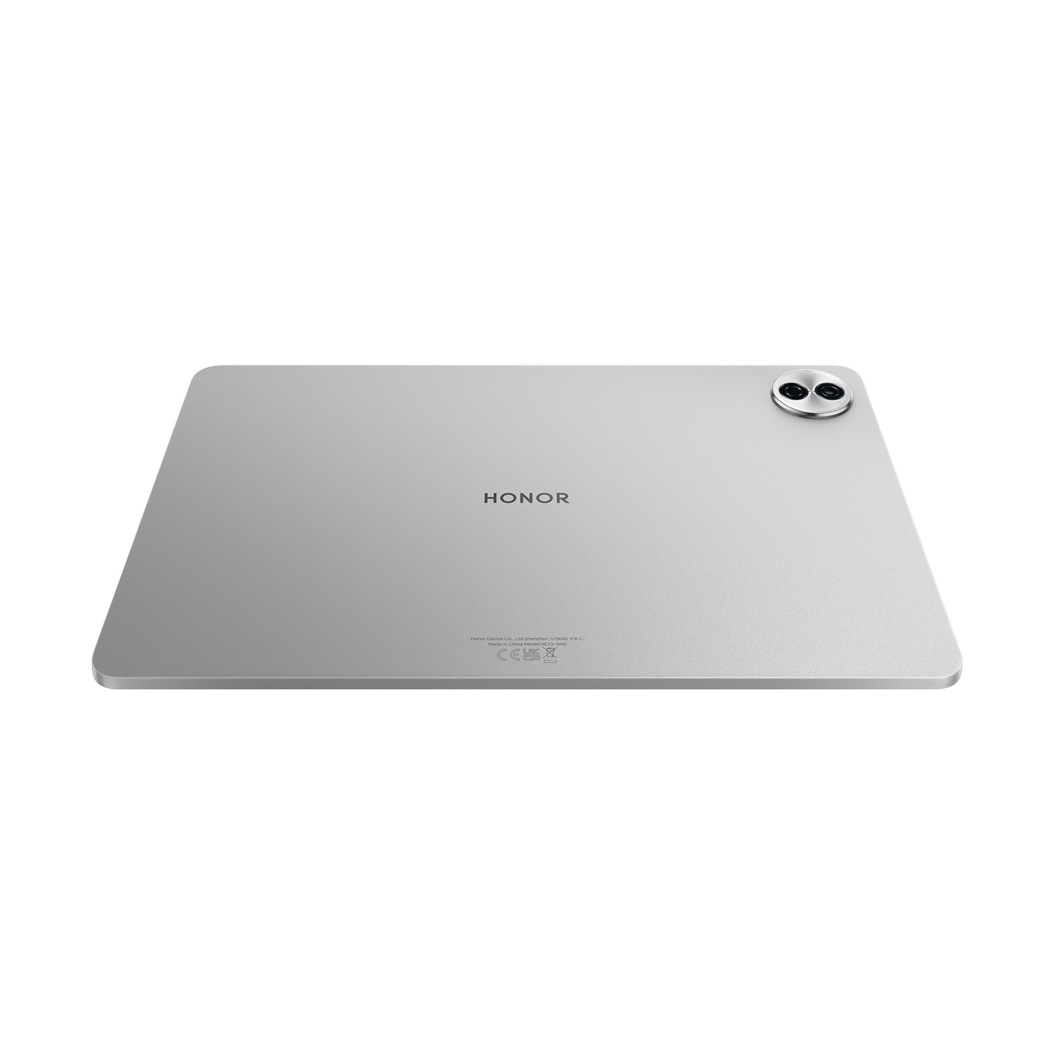 Un tablet argentato, inclinato verso l'alto, che mostra il retro. La parola HONOR è stampata sopra. Due fotocamere sono visibili in alto a destra.