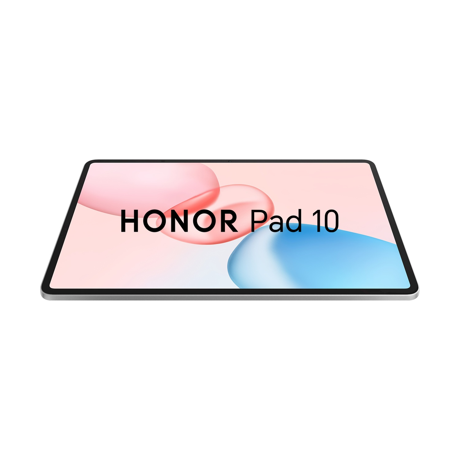 Un tablet HONOR Pad 10 argentato, leggermente angolato, mostra uno sfondo sfumato con forme rosa e blu su sfondo bianco.