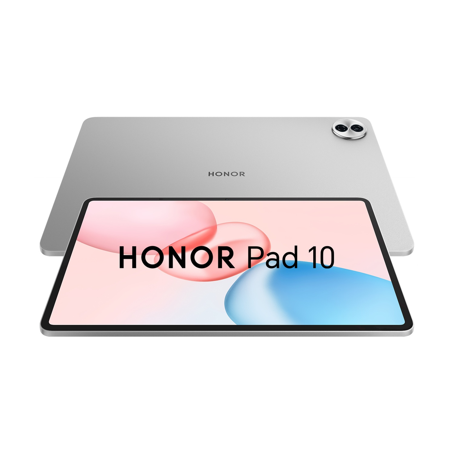 È mostrato un tablet Honor Pad 10 argentato. Lo schermo mostra il nome del tablet, HONOR Pad 10, con uno sfondo astratto.
