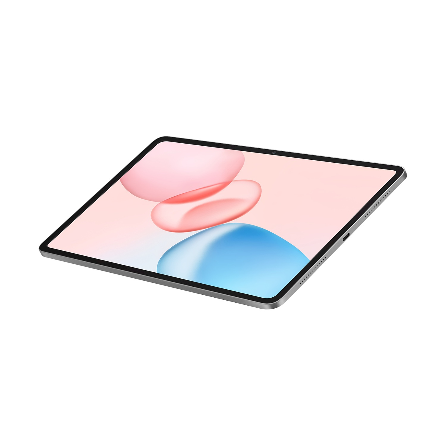 Un tablet argentato con sfondo rosa e blu. Lo schermo mostra forme astratte. Il tablet è leggermente angolato.