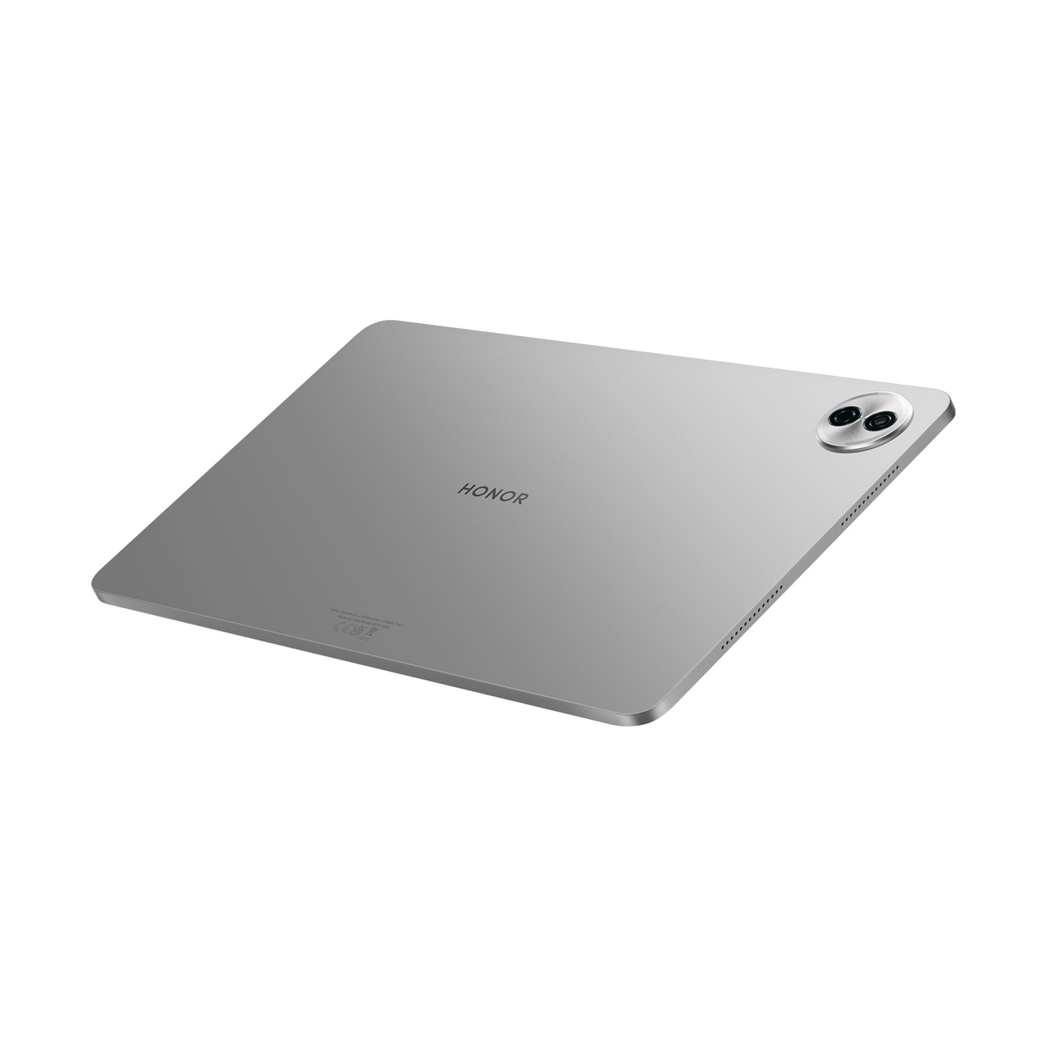 Un tablet HONOR argentato è mostrato di sbieco, con due lenti della fotocamera e il logo HONOR visibili. Lo sfondo è bianco.