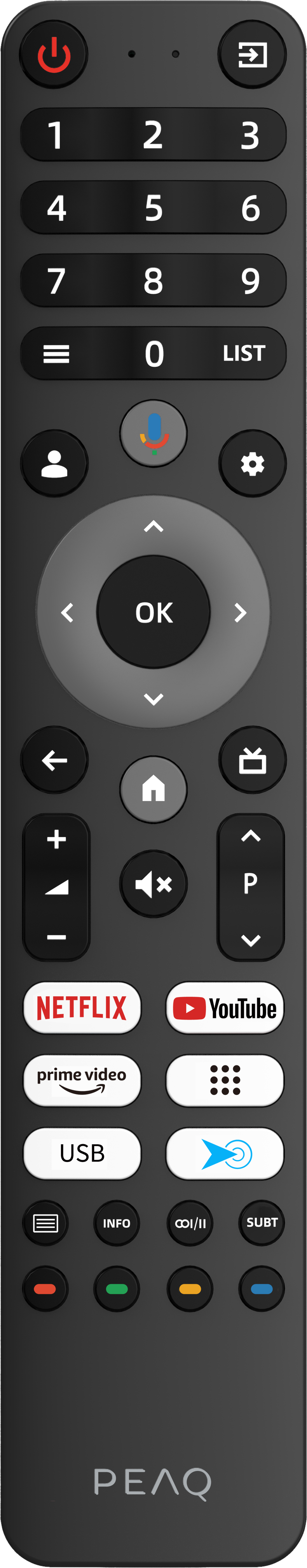 Schwarze Fernbedienung mit Tasten für Zahlen, Netflix, YouTube und einer Einschalttaste oben.