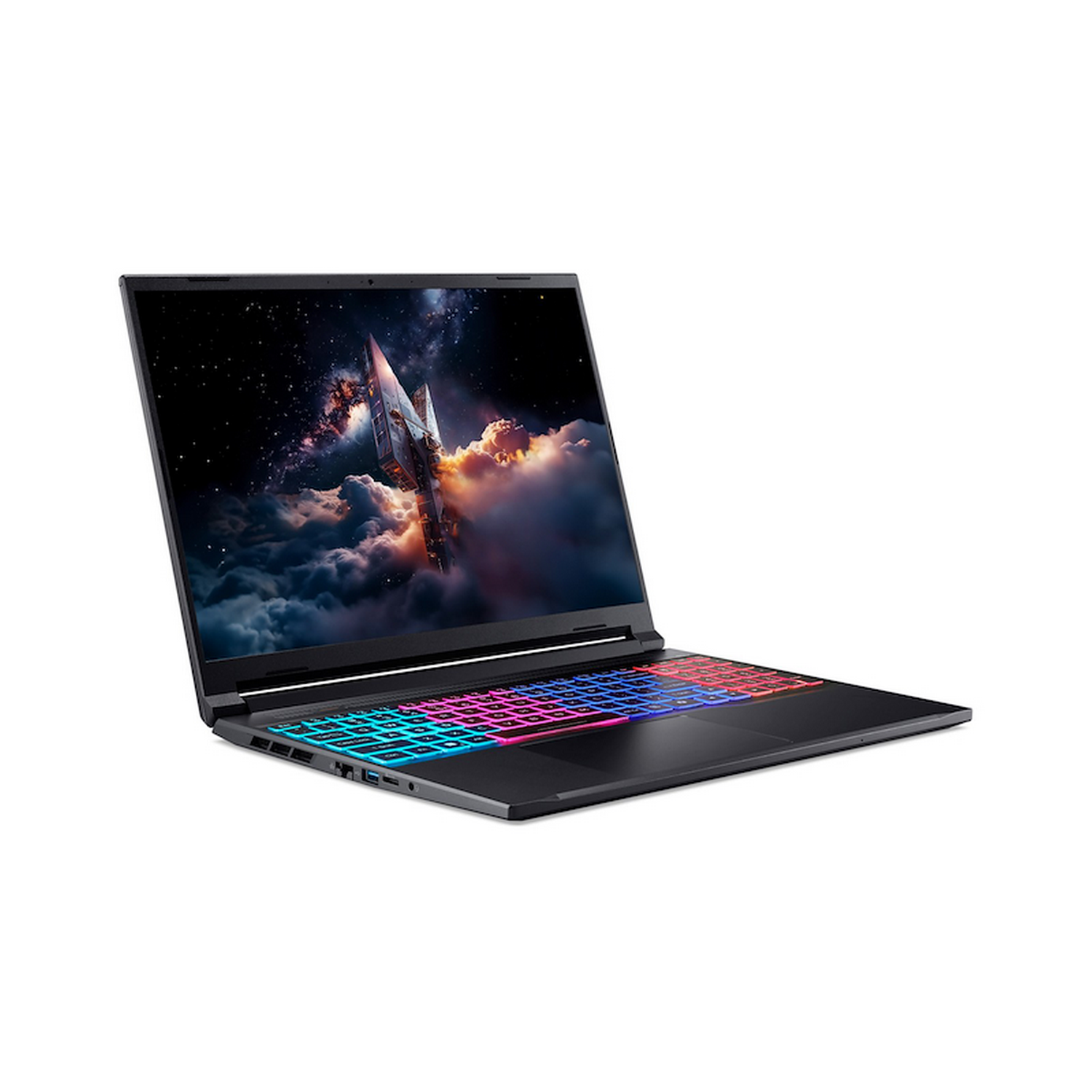 Un portátil negro con una pantalla que muestra un cohete lanzándose a través de las nubes. El teclado tiene luces de colores.