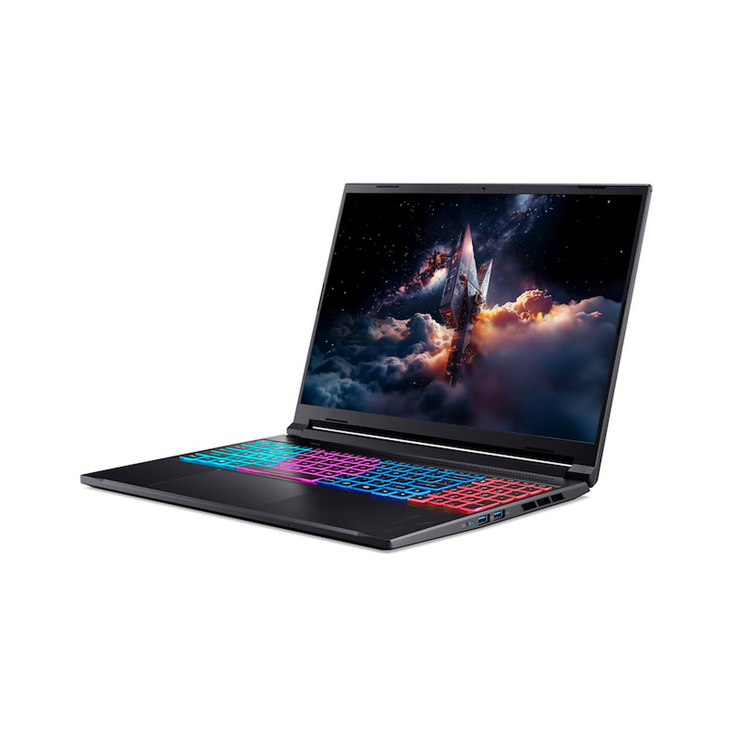 Una laptop negra está abierta, mostrando una escena espacial con un cohete. El teclado tiene luces coloridas. El fondo es blanco.