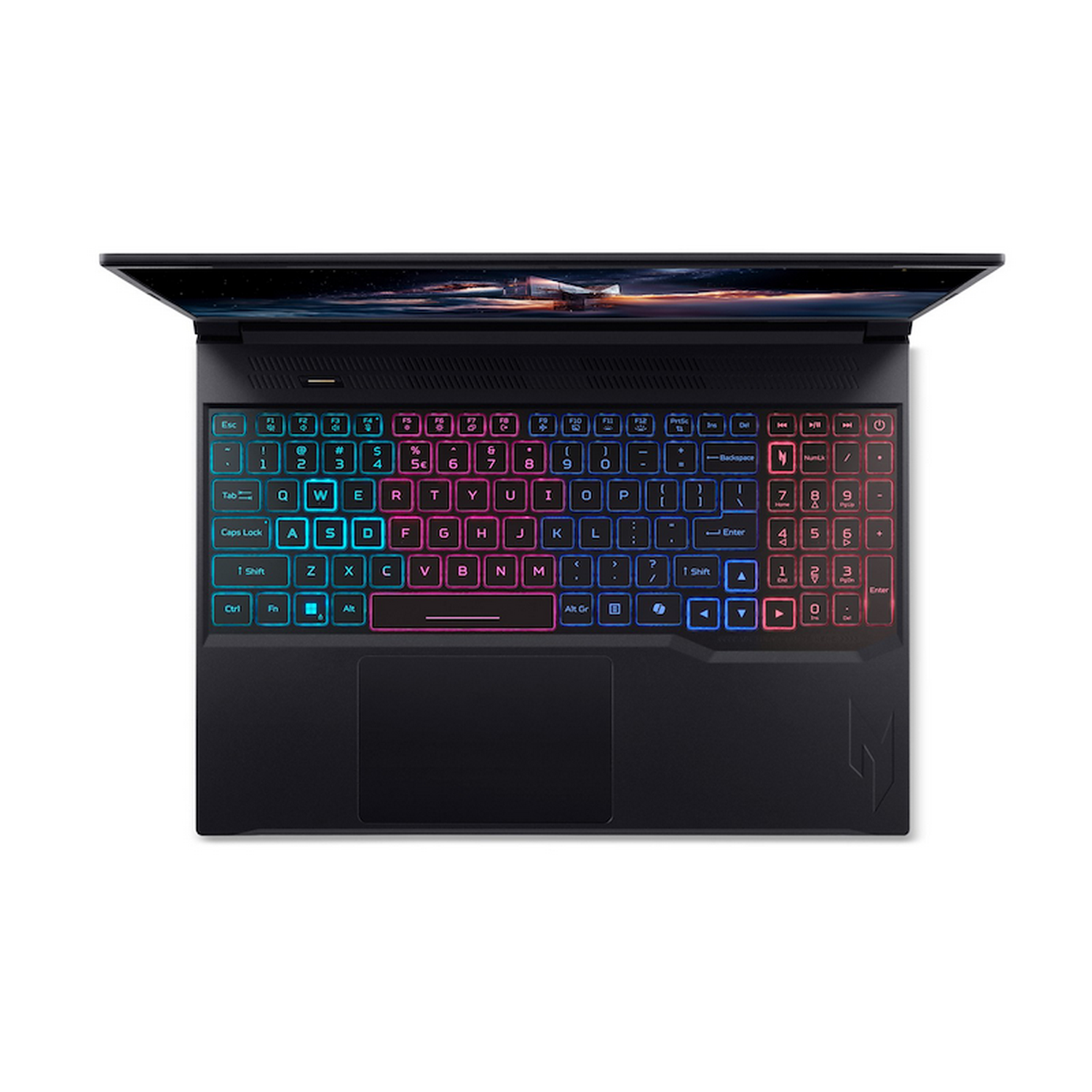 Un portátil negro con la pantalla abierta. El teclado tiene teclas retroiluminadas. La pantalla muestra un paisaje.