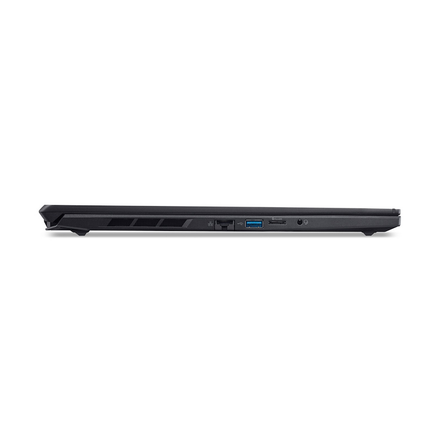 Vista lateral de un portátil negro. Puertos visibles: USB, HDMI, conector de audio. El portátil está sobre un fondo blanco.