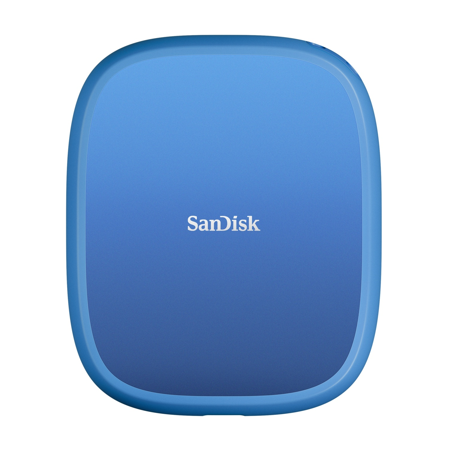 Hard disk esterno SanDisk blu. Angoli arrotondati, testo bianco 'SanDisk'. Gradazione da blu scuro a chiaro.
