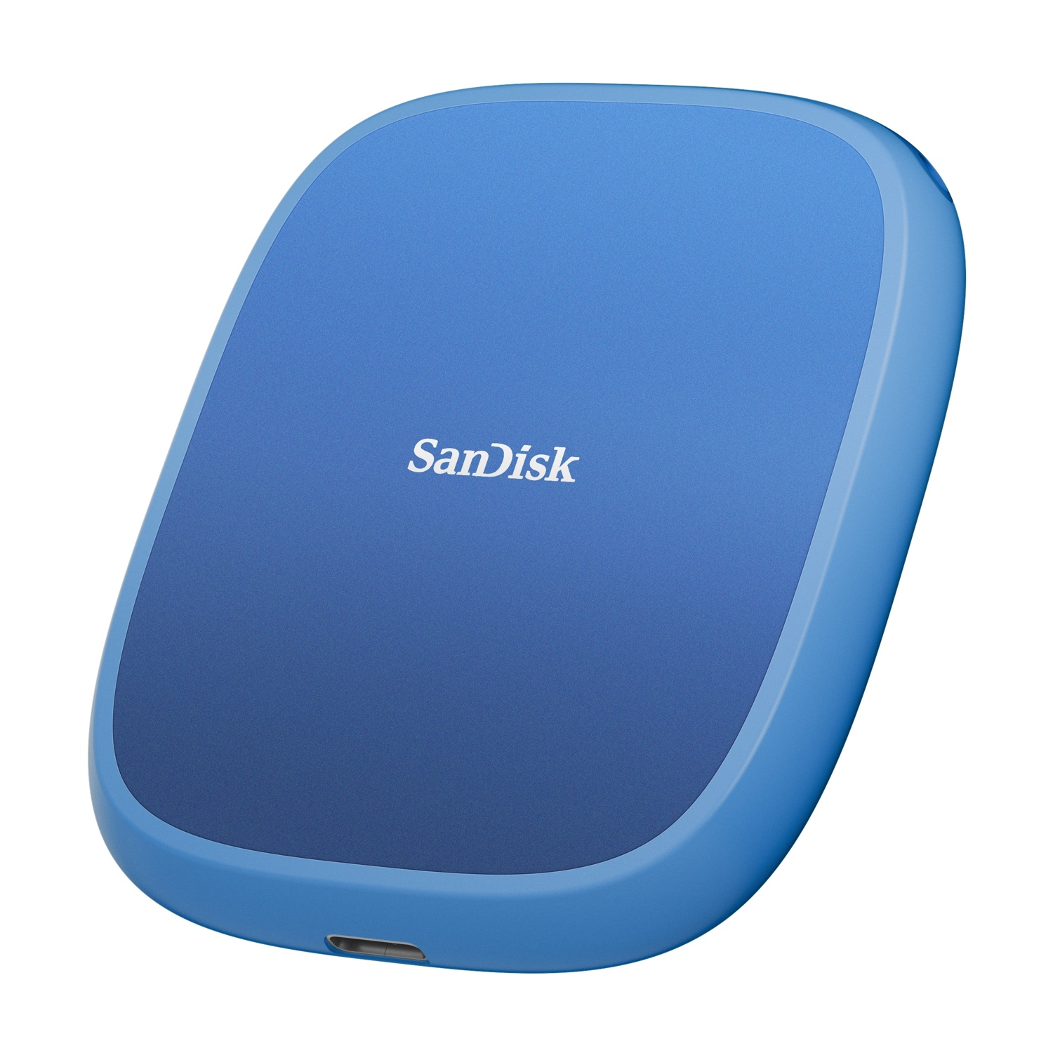 Un disco rigido esterno SanDisk blu e arrotondato. Il dispositivo ha una superficie strutturata con il nome del marchio in bianco.