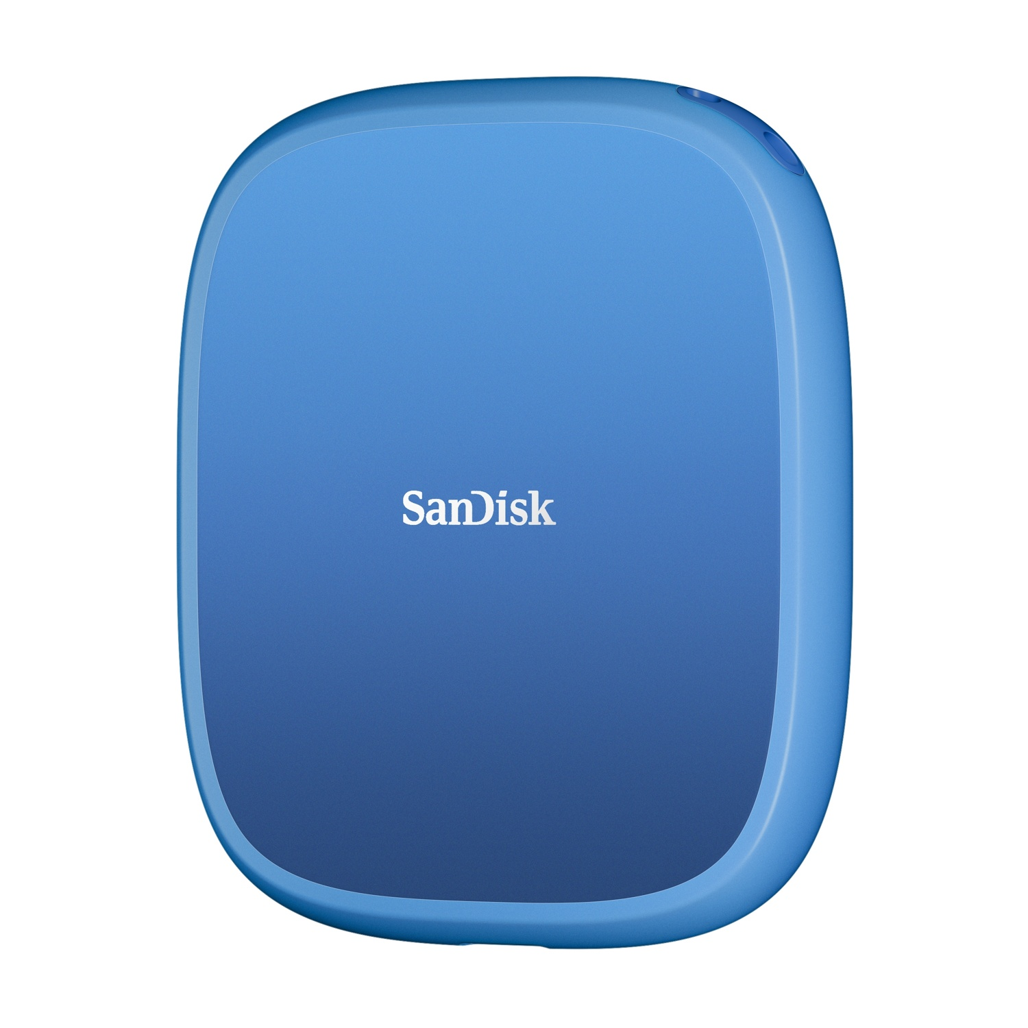 Un disco rigido esterno blu, quadrato e arrotondato, con il logo 'SanDisk'. Il dispositivo ha un bordo blu chiaro e un centro blu scuro.