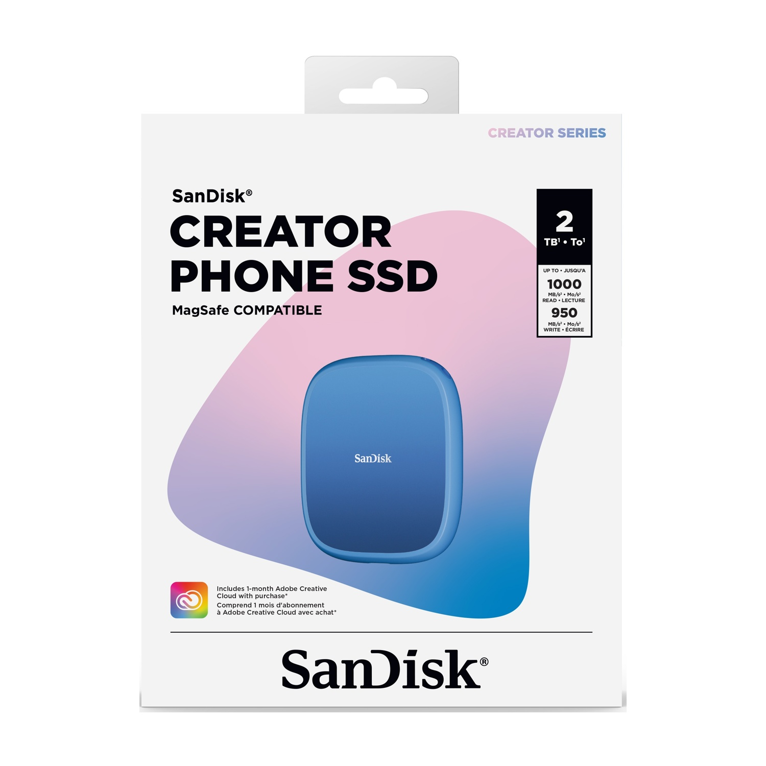 Scatola SanDisk Creator Phone SSD. Un SSD blu al centro. Il testo include il marchio, il nome del prodotto e la capacità di archiviazione.