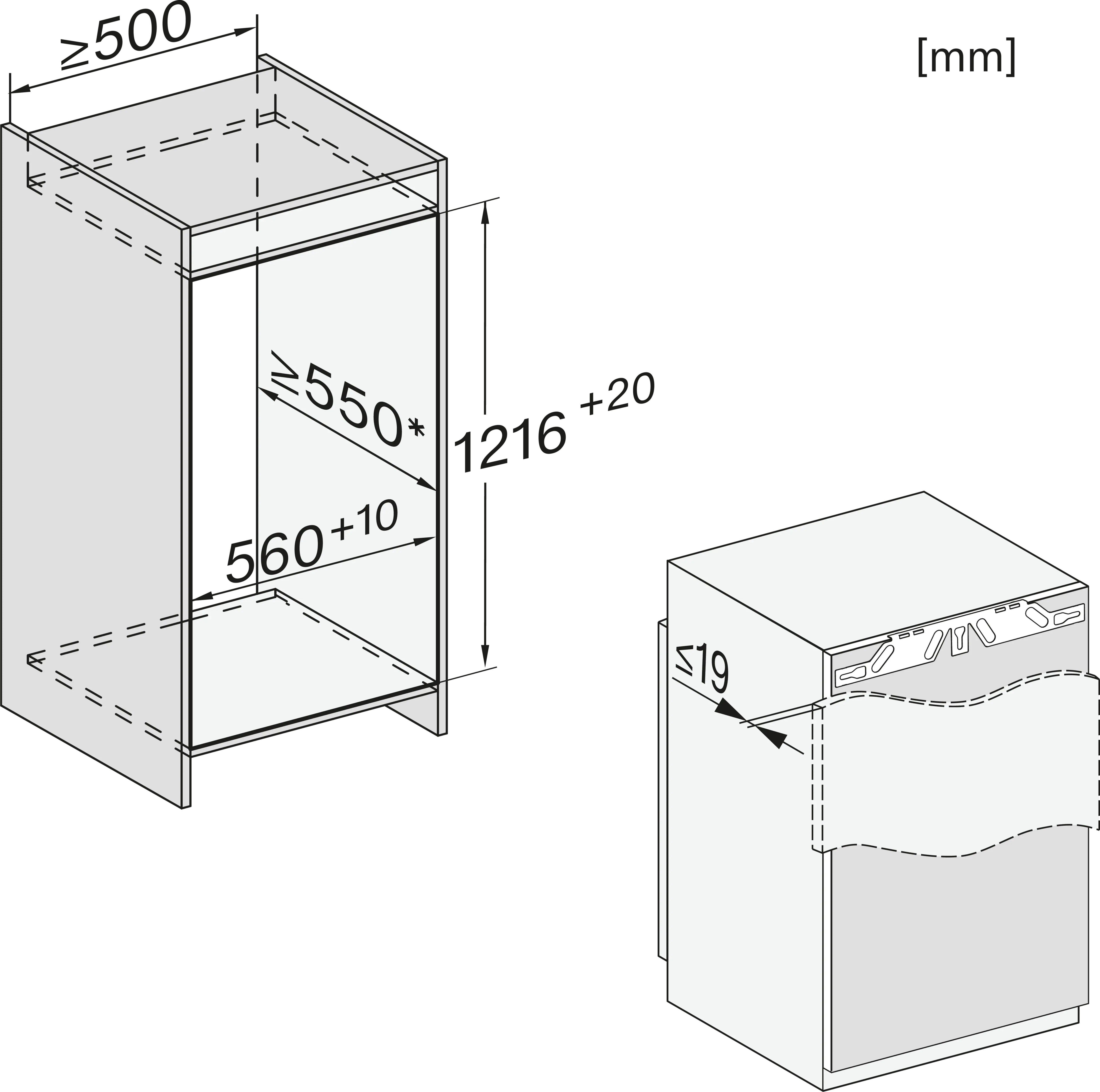 Diagramm eines Einbaugeräts mit Abmessungen in Millimetern. Enthält einen Schrank und ein Gerät mit Abmessungen.