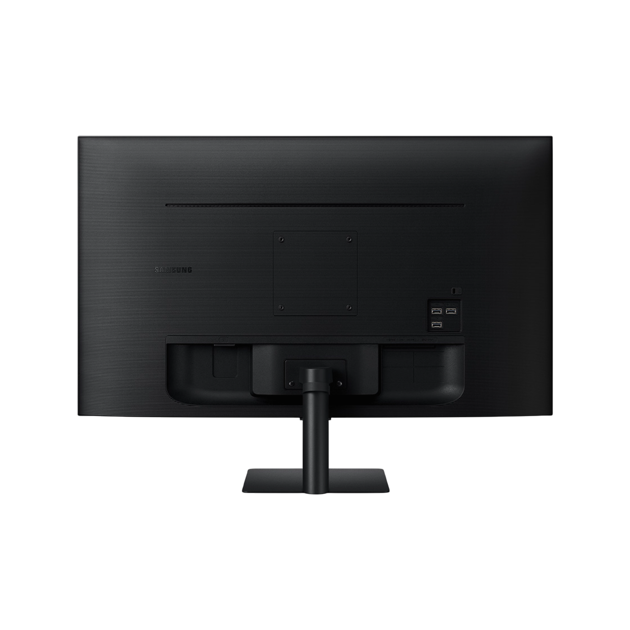 Rückseite eines schwarzen Samsung-Monitors. Es hat Anschlüsse, einen Ständer und das Samsung-Logo. Der Hintergrund ist schwarz.