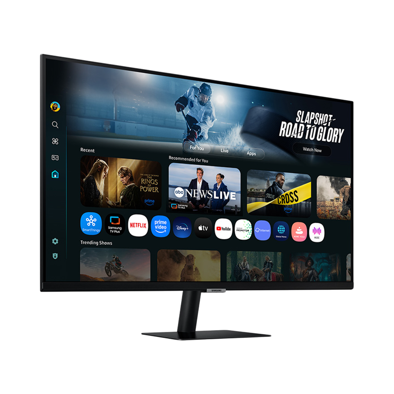 Ein schwarzer Monitor zeigt eine Streaming-Dienstoberfläche. Symbole von Apps und Sendungen sind sichtbar. Der Monitor steht auf einem schwarzen Ständer.