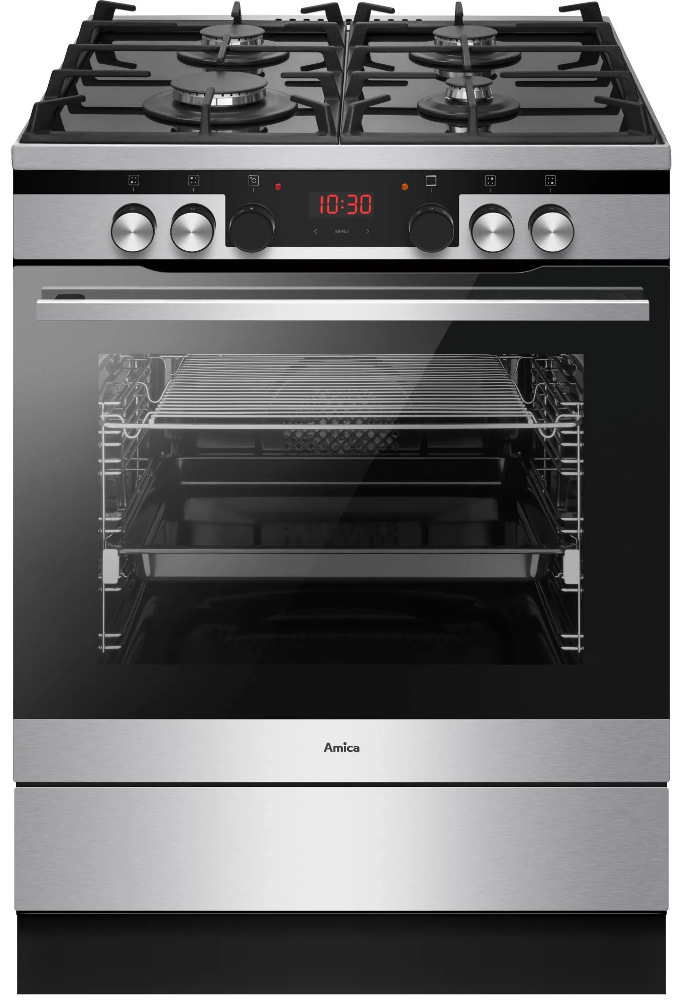 Kuchenka i piekarnik Amica ze stali nierdzewnej. Piekarnik wyświetla 10:30 na wyświetlaczu. Płyta grzejna ma 4 palniki.