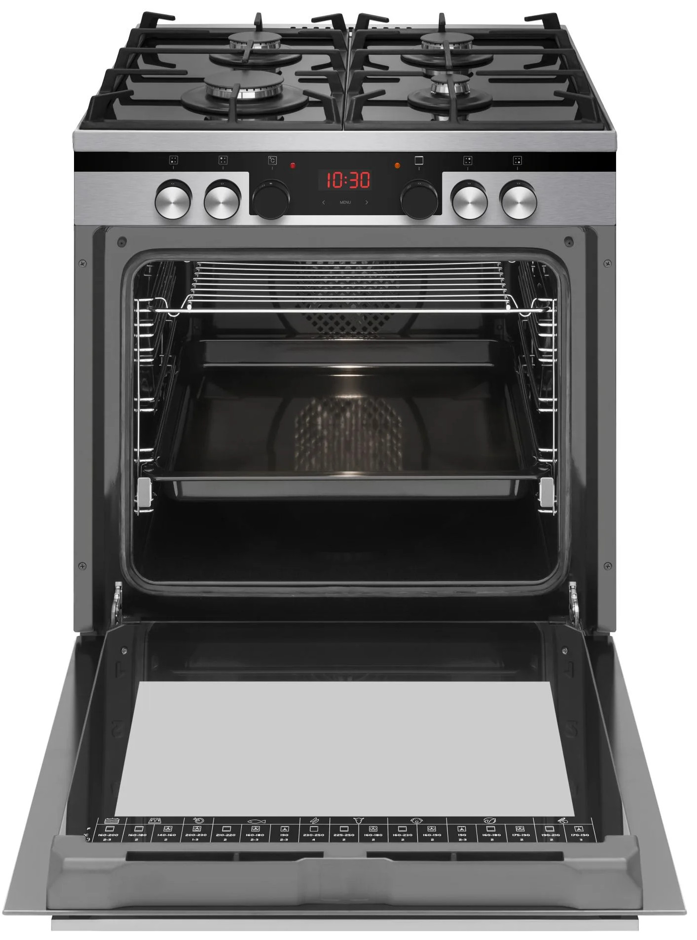 Piekarnik ze stali nierdzewnej z otwartymi drzwiami. Płyta grzewcza ma cztery palniki. Wyświetlacz pokazuje godzinę 10:30.