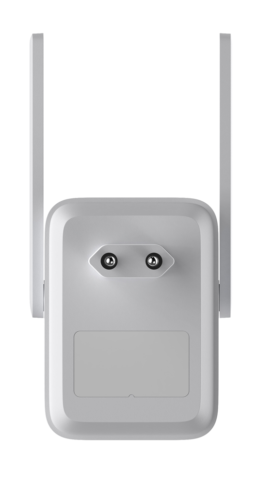 Egy fehér téglalap alakú eszköz, két felfelé nyúló antennával. Két kör alakú lyuk van rajta, és egy süllyesztett panel.