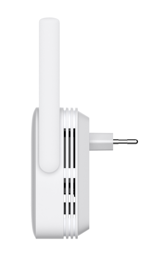 Egy fehér WiFi hatótávolság-kiterjesztő antennával és dugóval. A készülék nagyrészt fehér, fekete szellőzőnyílásokkal és fémcsapokkal.