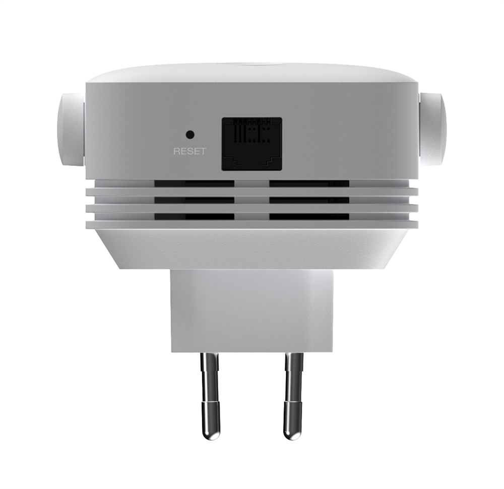 Fehér elektronikai eszköz dugóval. Van rajta egy reset gomb és egy fekete kijelző. Két hengeres rész van az oldalán.