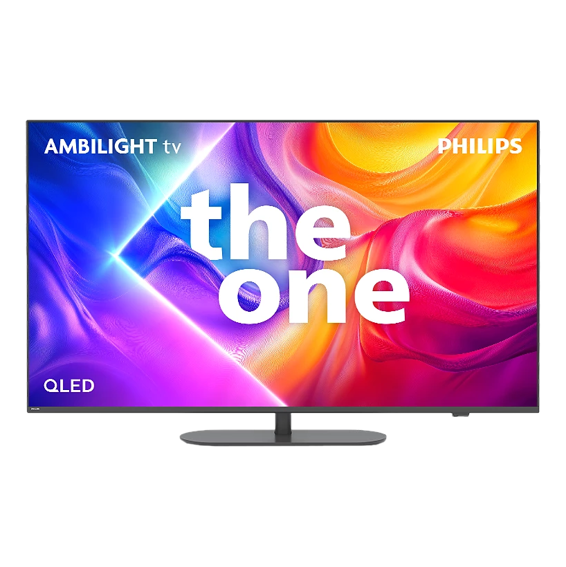 Un téléviseur Philips affiche un art abstrait coloré. Les mots 'the one' sont mis en évidence. La marque comprend 'Ambilight TV' et 'QLED'.