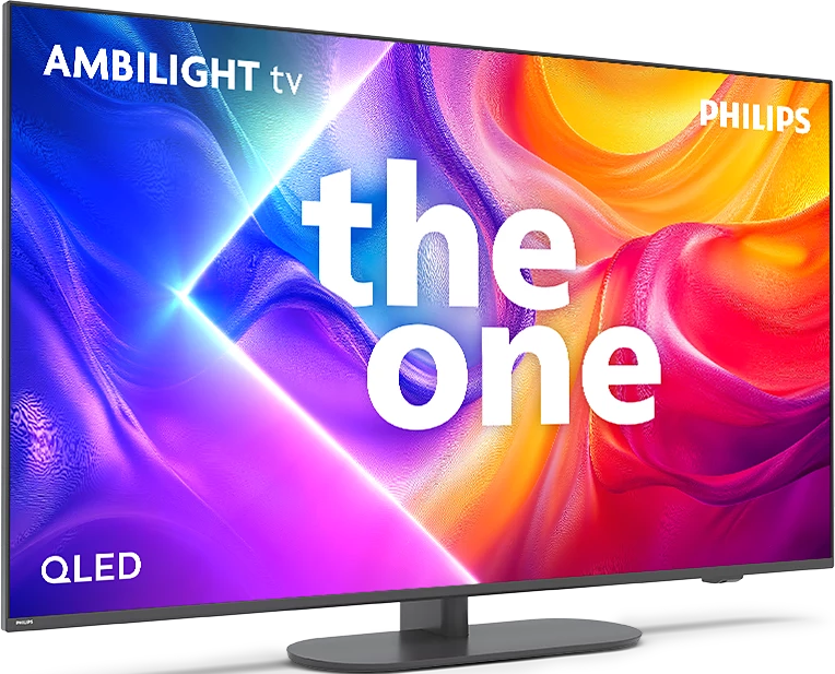 Un téléviseur Philips Ambilight, étiqueté 'the one' QLED. L'écran affiche des couleurs vives. La télévision est sur un socle gris.