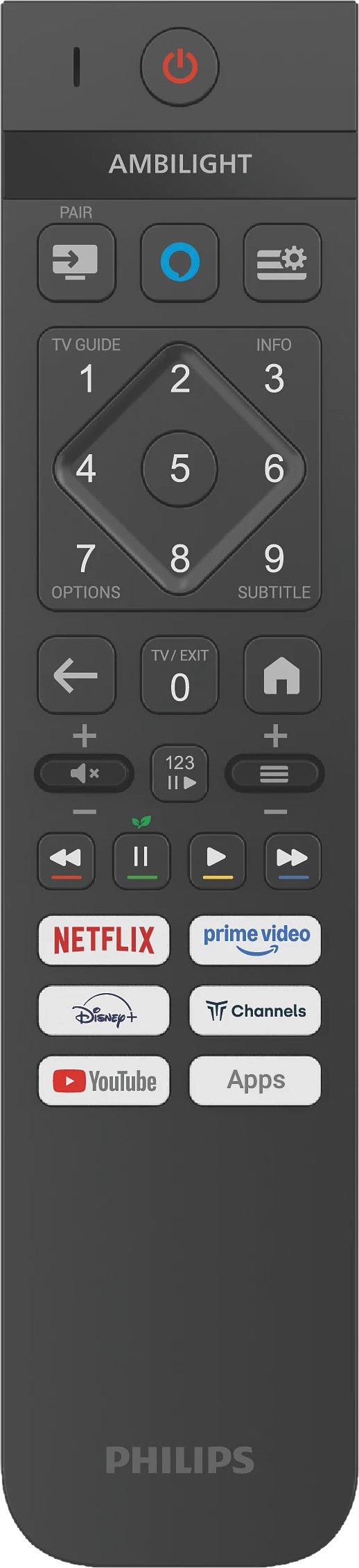 Une télécommande Philips noire avec divers boutons, dont Netflix, YouTube et des touches numériques.