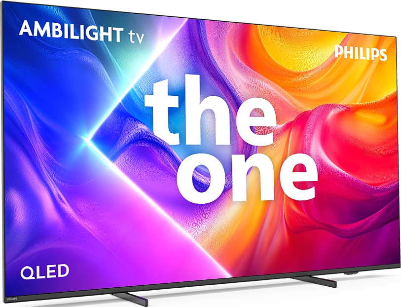 Un téléviseur Philips affichant des visuels abstraits colorés. Le téléviseur indique 'the one' avec les étiquettes 'Ambilight tv' et 'QLED'. Le logo Philips est visible.
