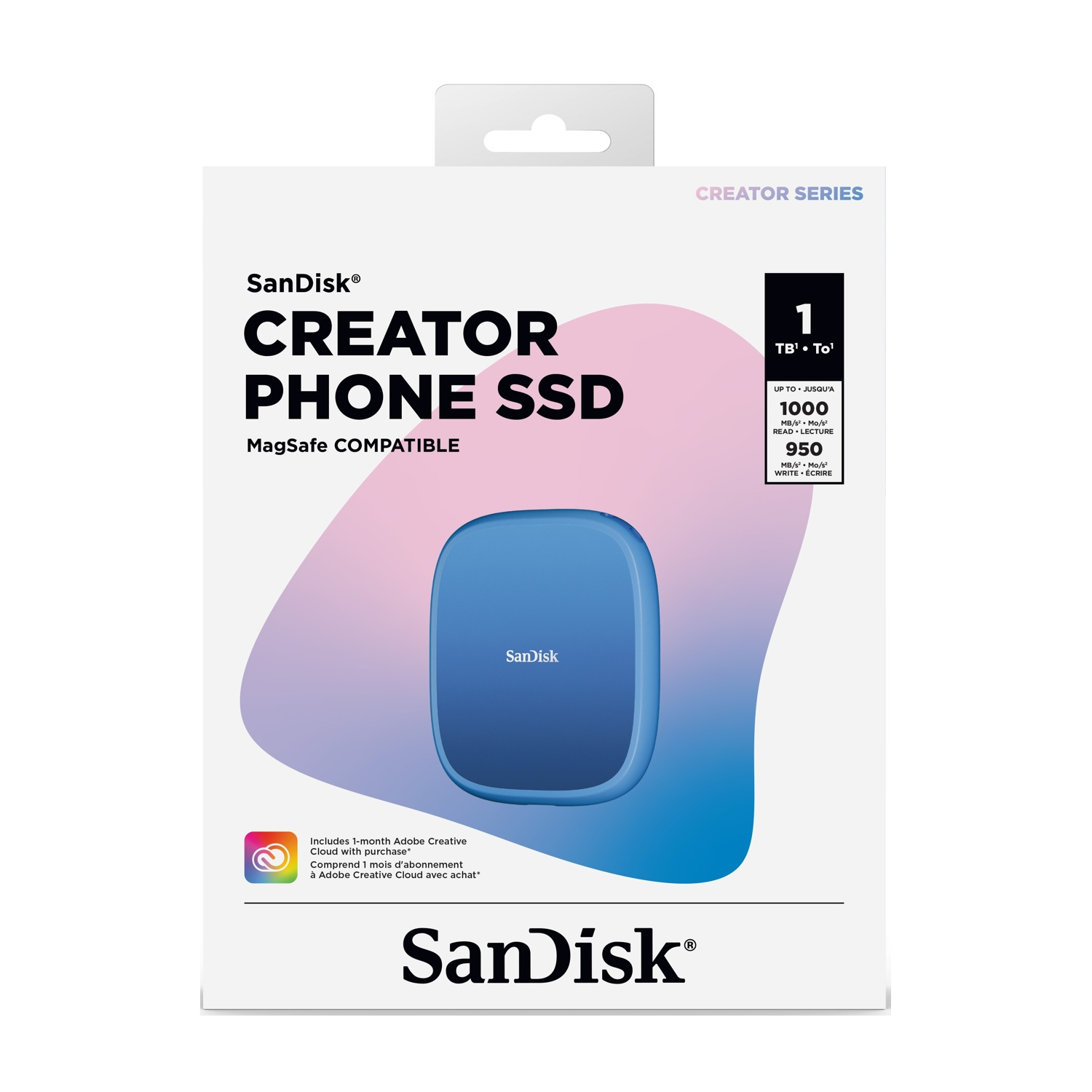 Una scatola SanDisk Creator Phone SSD. Al centro è mostrato un SSD blu. Il testo include: Creator Phone SSD, MagSafe Compatible e SanDisk.