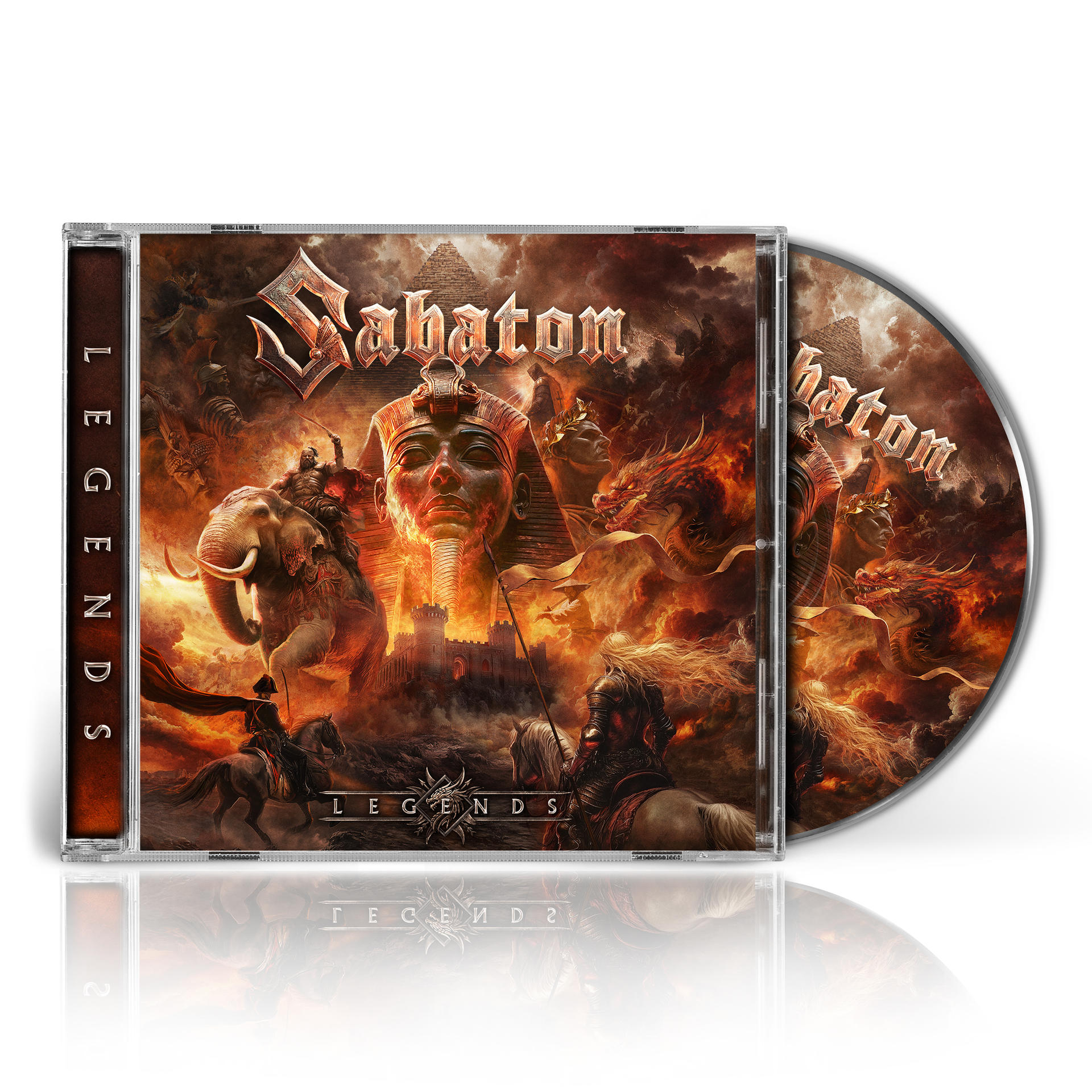 Boîtier CD avec l'illustration de Sabaton Legends. Comporte des guerriers, des éléphants, des pyramides et un dragon. Couleurs chaudes, ambiance dramatique.