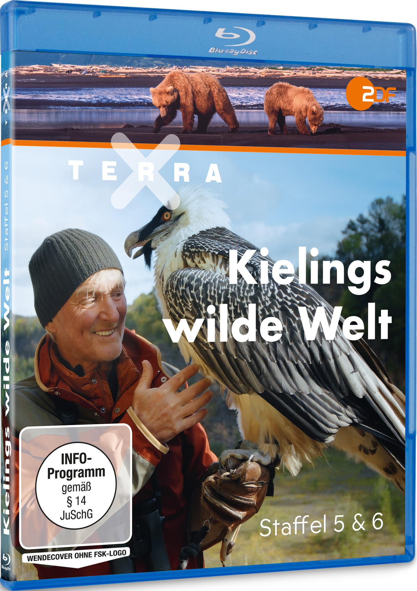 Blu-ray-Cover. Mann mit Vogel. Bären im Hintergrund. Titel: Kielings wilde Welt. Staffel 5 & 6. Info-Programm.