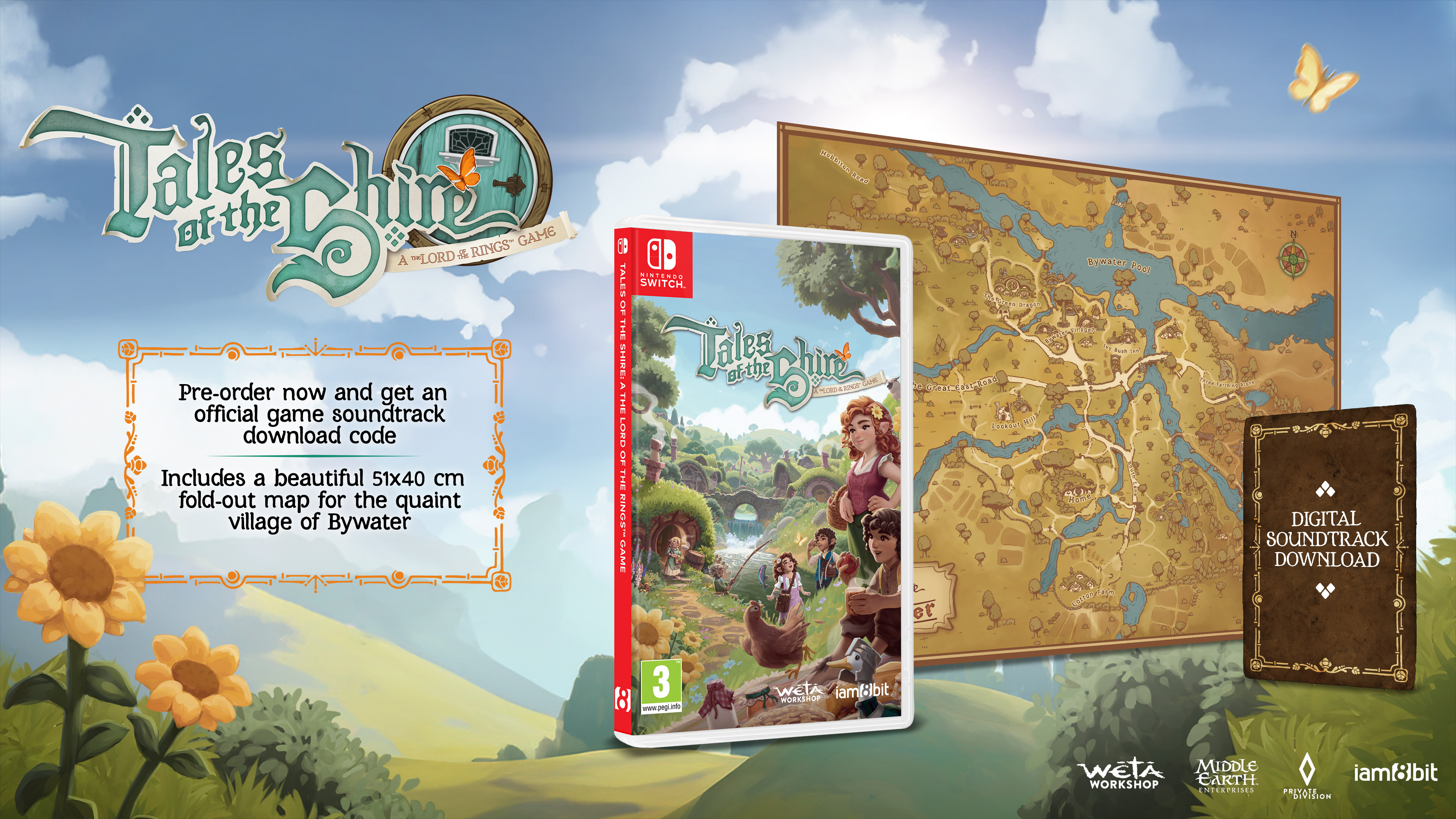 A 'Tales of the Shire' játék borítója térképpel és letöltési részletekkel, beleértve a Nintendo Switch logót.