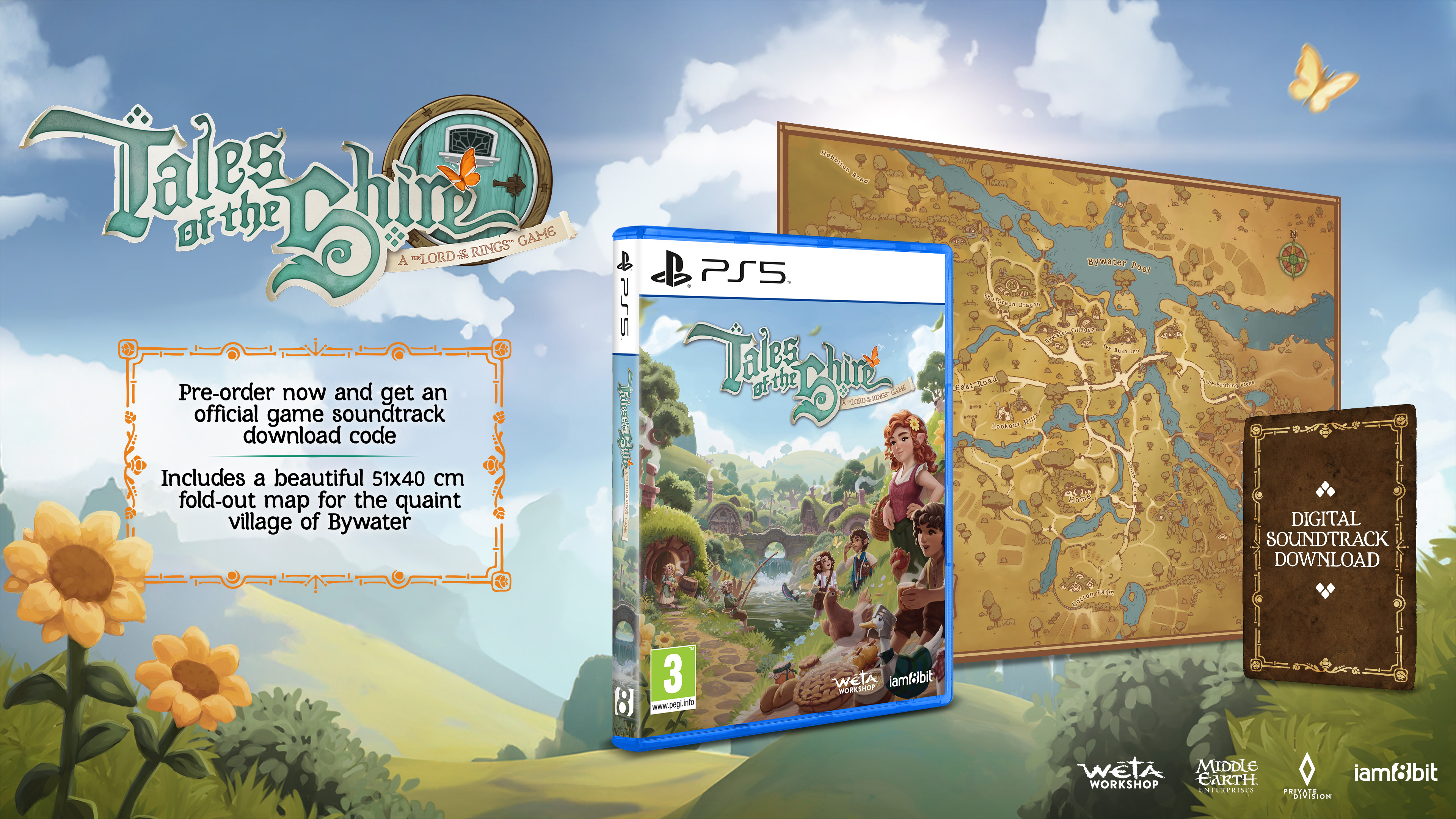 A Tales of the Shire játék borítója, Bywater térképe, napraforgók és egy pillangó. Előrendelés a zenéhez és a térképhez.