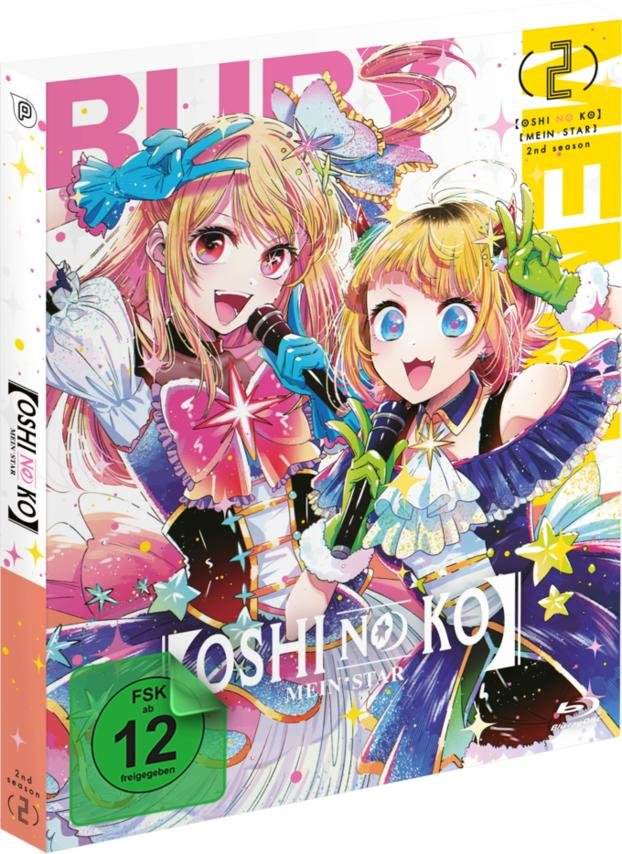 Anime-Cover zeigt zwei Mädchen mit Mikrofonen. Der Text "Oshi no Ko" ist prominent. Das Cover ist für die zweite Staffel.