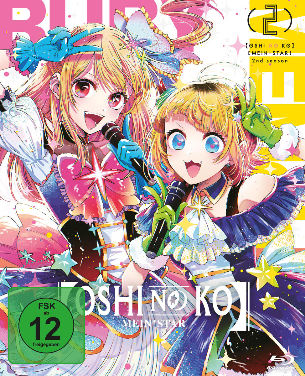 Anime-Cover mit zwei Mädchen mit Mikrofonen, lebendigen Farben und Text, der die 2. Staffel von Oshi no Ko anzeigt.