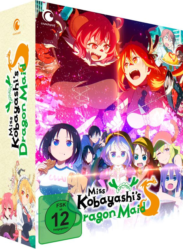 Anime-Cover für 'Miss Kobayashi's Dragon Maid'. Zeigt mehrere Anime-Charaktere mit leuchtenden Farben und dynamischen Posen.