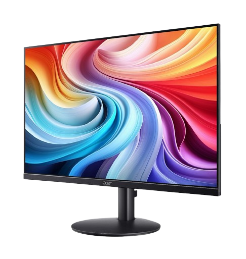 Un monitor Acer muestra remolinos abstractos coloridos. El monitor tiene un marco y soporte negros, sobre un fondo oscuro.