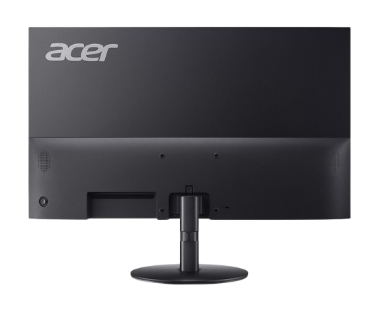 Vista trasera de un monitor Acer negro. El logotipo de Acer está arriba a la izquierda. El monitor tiene un soporte. Tiene puertos y botones.