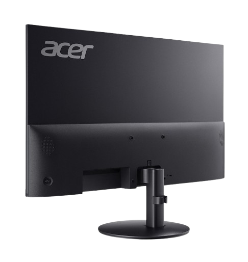 Vista trasera de un monitor Acer negro. El logotipo de Acer es visible. Tiene un soporte y una base circular.