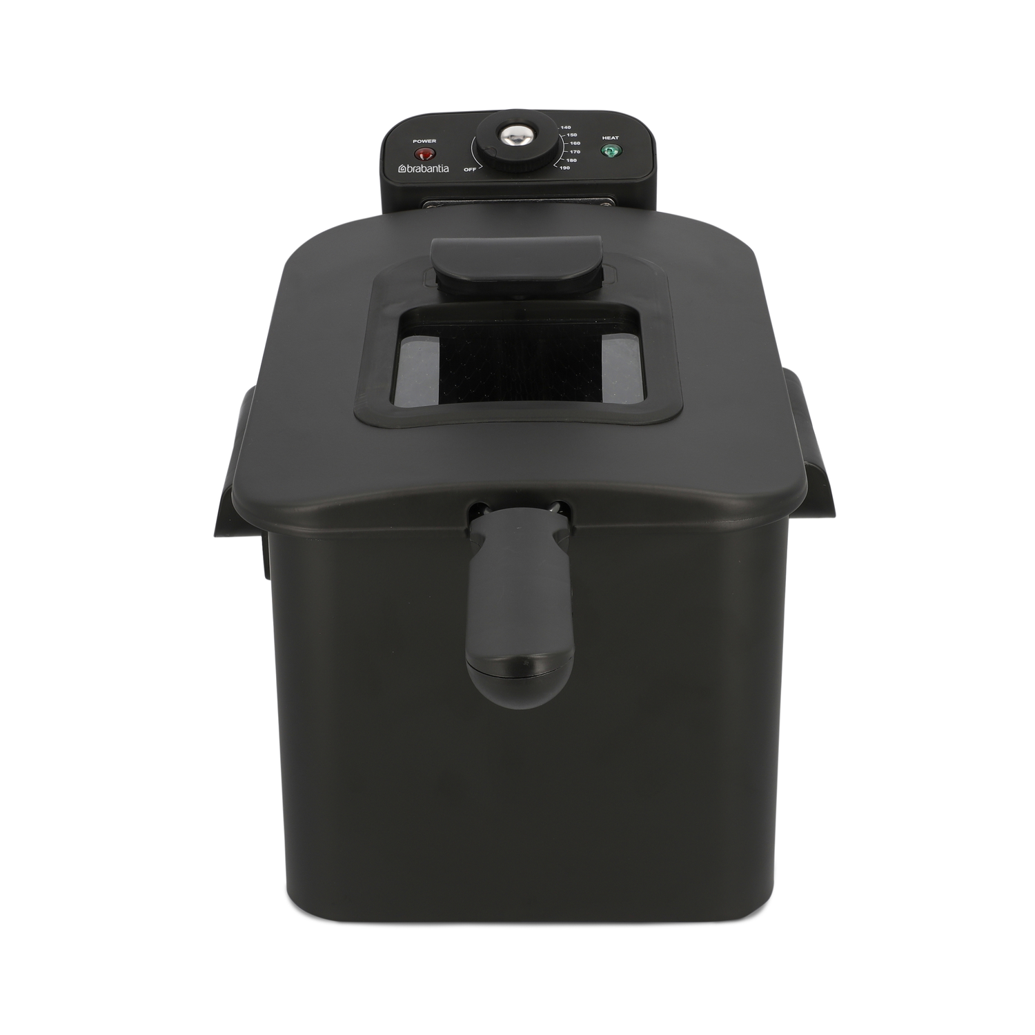 Black deep fryer on white background. Has a control panel with temperature settings and power/heat indicators. Features a handle.