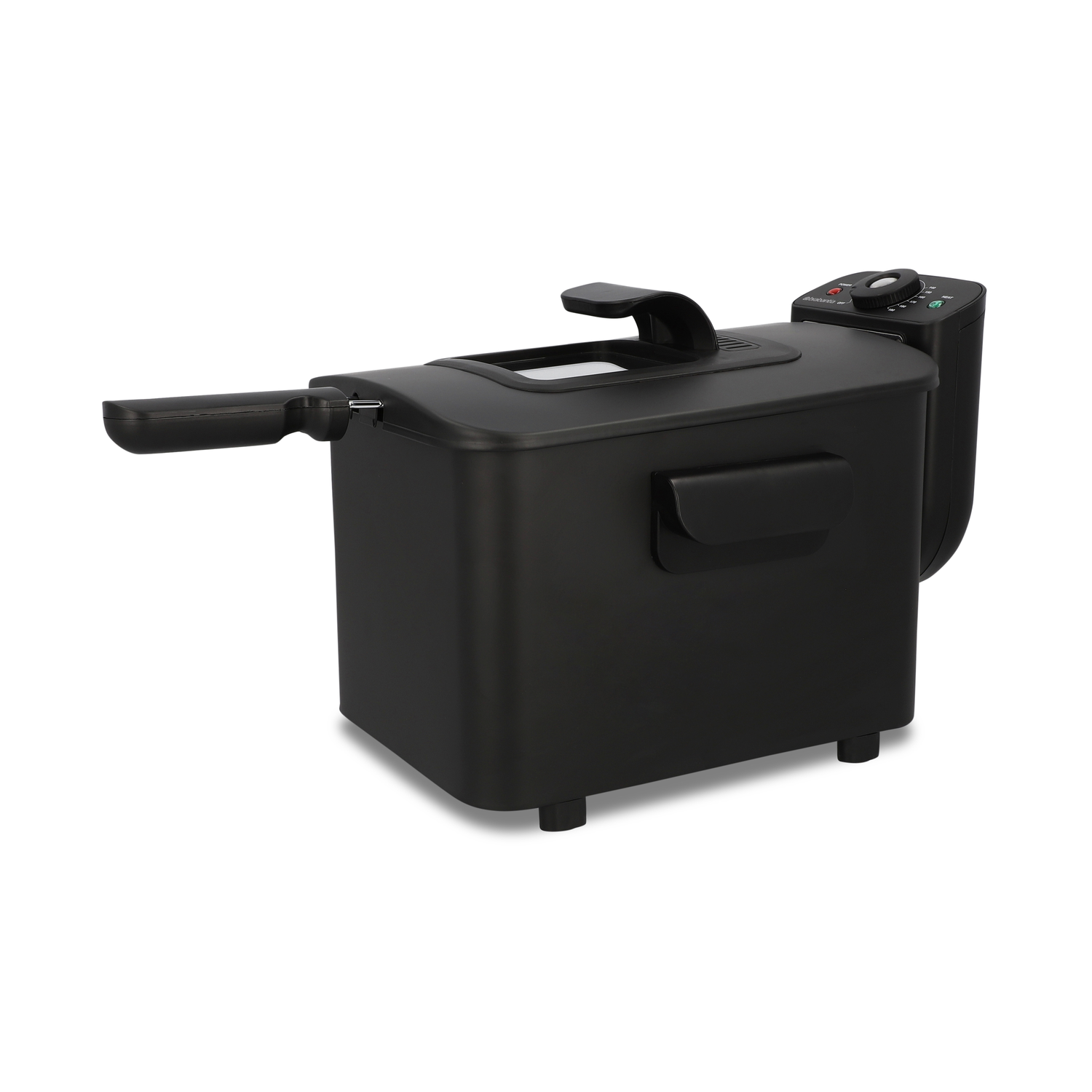 A black deep fryer on a white background. It has a handle, a control panel, and a lid. The fryer is angled.