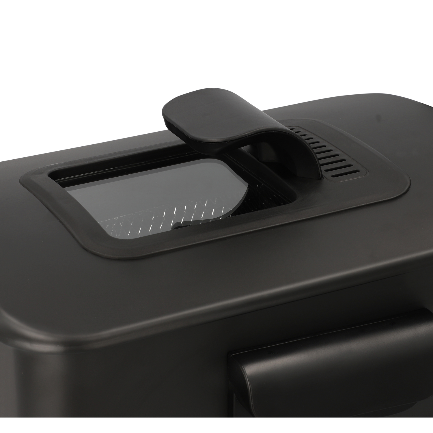 Close-up of a black air fryer. The lid is partially open, revealing a glass window. A handle is visible on the front.