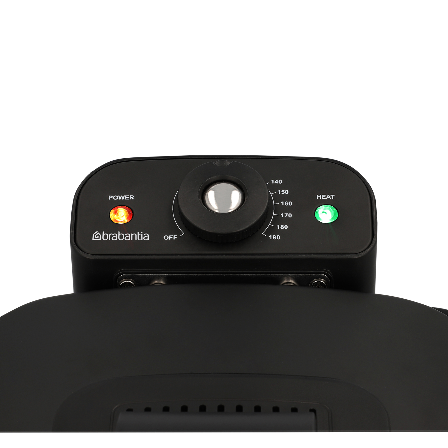 Black appliance with a dial and lights. Red power light, green heat light. Dial shows temperature markings. Brabantia logo visible.