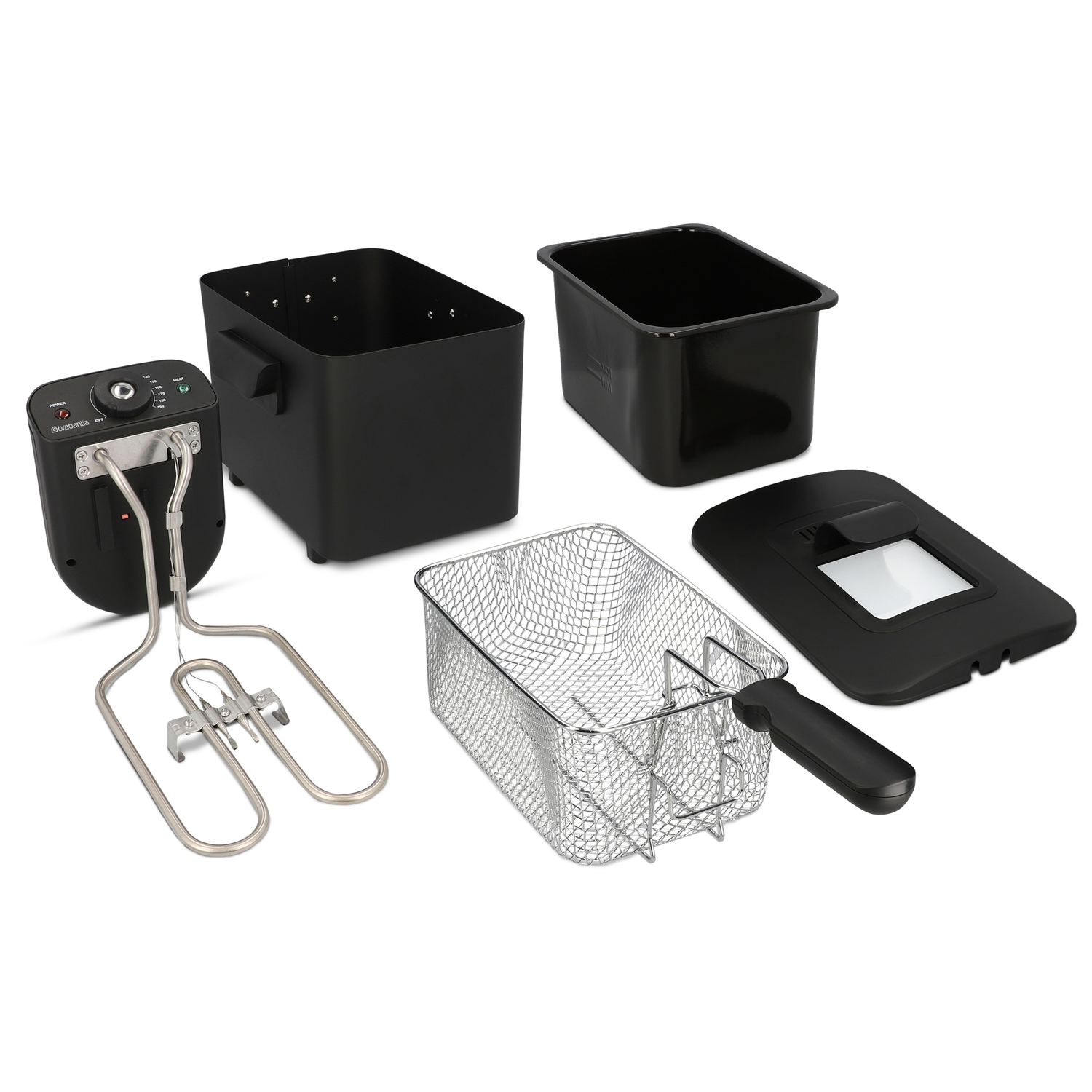 A disassembled deep fryer with black components: a control panel, two containers, a lid, a basket, and a heating element.