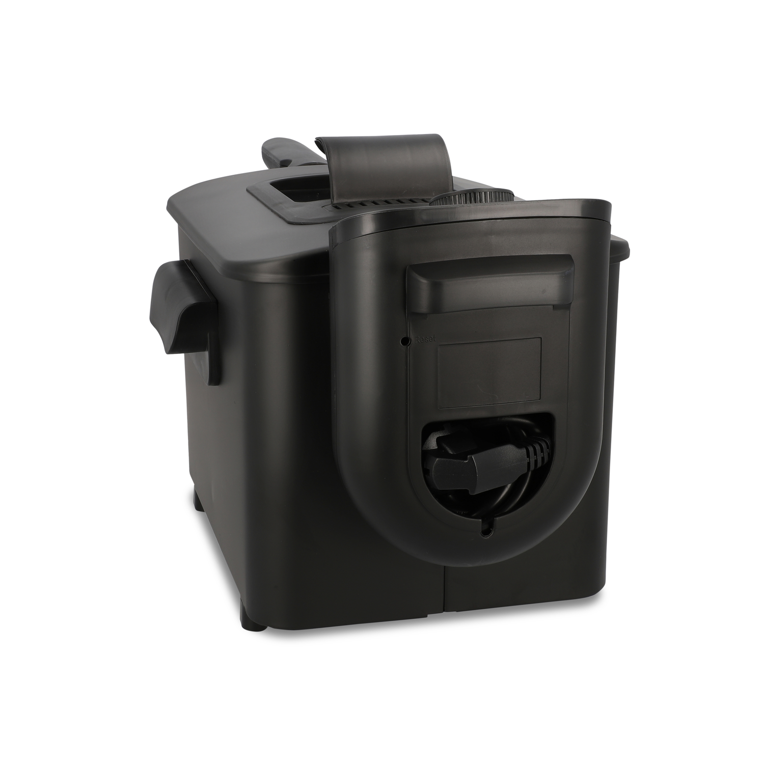 A black deep fryer is set against a white backdrop. It has a handle, control panel, and a power cord.